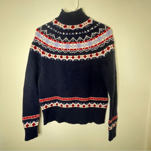 J Crew Mock Rolled Neck Festive Fair Isle Christmas Holiday Sweater Sz XS Blue - Picture 5 of 6